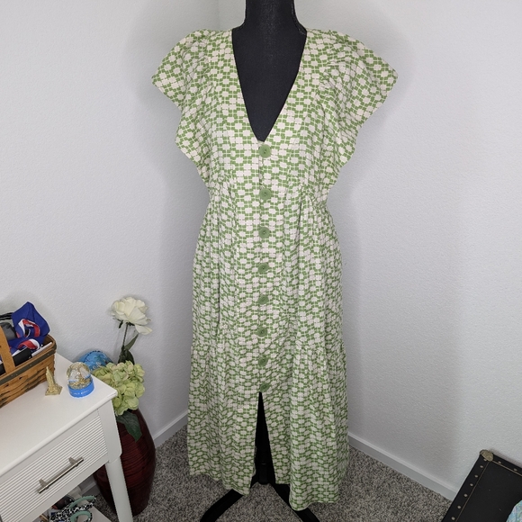 NWOT Anthropologie Renee Flutter Sleeve Linen Green Button Up Midi Shirt Dress - Picture 5 of 9